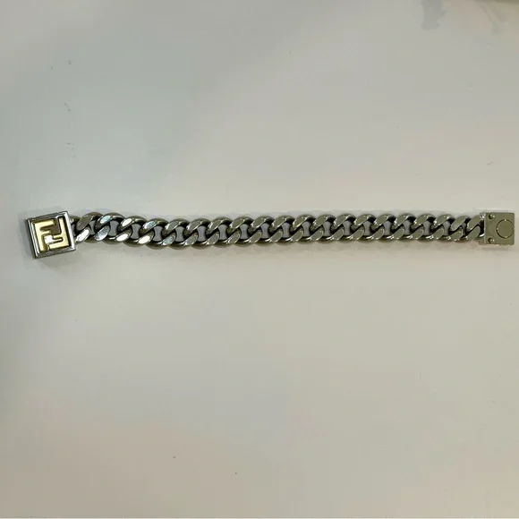 Fendi FF Logo Chain Link Bracelet In Silver And Gold Tone Metal, Size Small - Picture 4 of 12